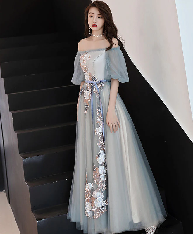 Gray Blue Tulle Lace Long Prom Dress, Gray Blue Evening Dress - Deanwangkt