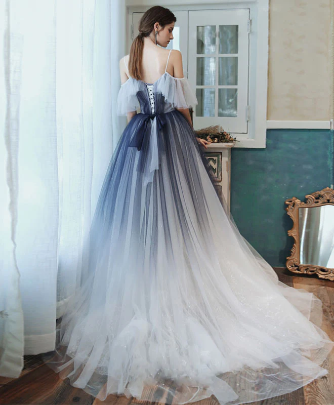 Unique Sweetheart Tulle Blue Long Prom Dress Blue Tulle Evening Dress - Deanwangkt