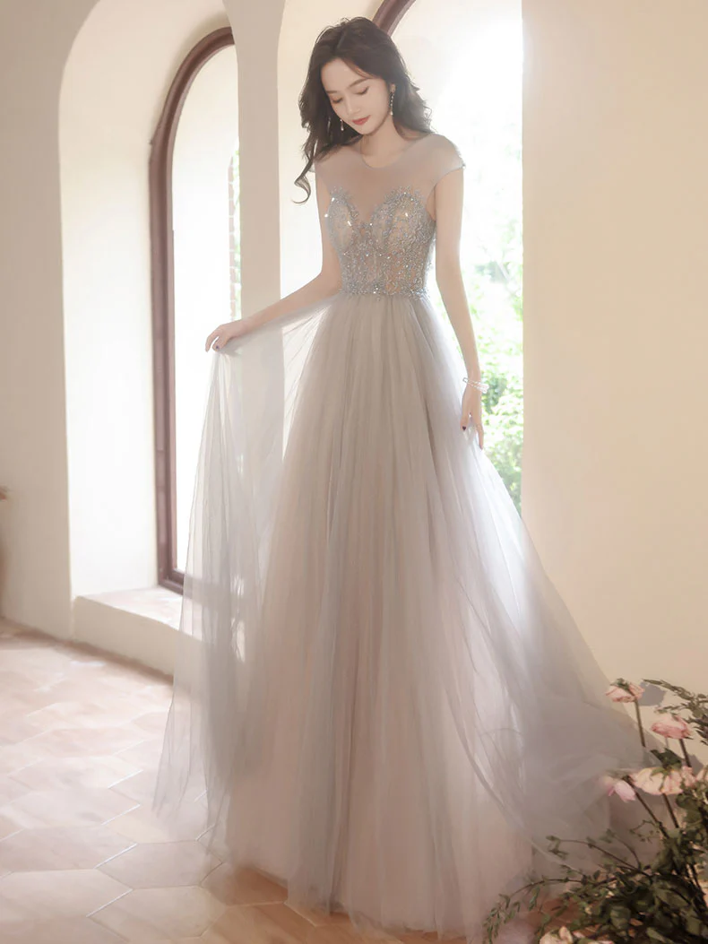 Champagne Round Neck Tulle Beads Long Prom Dress, Champagne Evening Dress - Deanwangkt