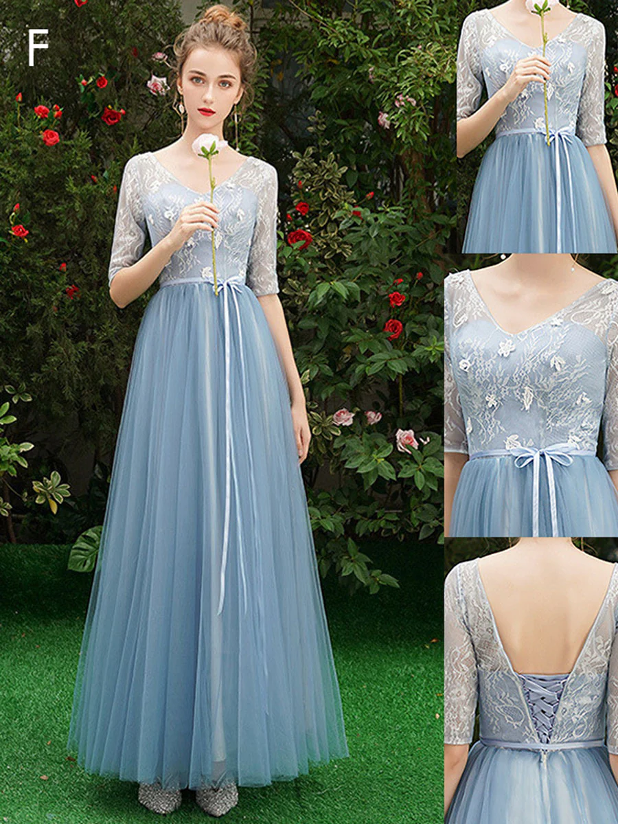 Simple A line Lace Blue Long Prom Dresses, Blue Lace Bridesmaid Dresses - Deanwangkt