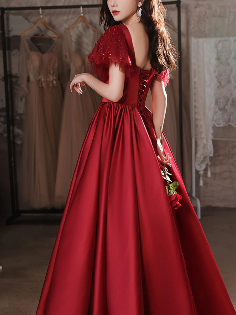 Simple Burgundy Satin Long Prom Dress, Burgundy Bridesmaid Dress - Deanwangkt