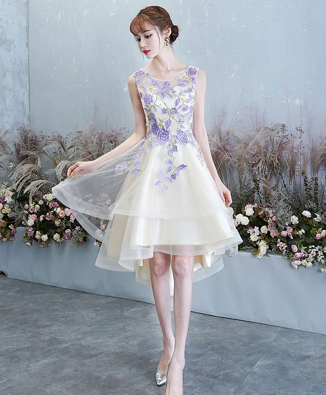 Light Champagne Tulle Lace Short Prom Dress, Lace Homecoming Dress - Deanwangkt