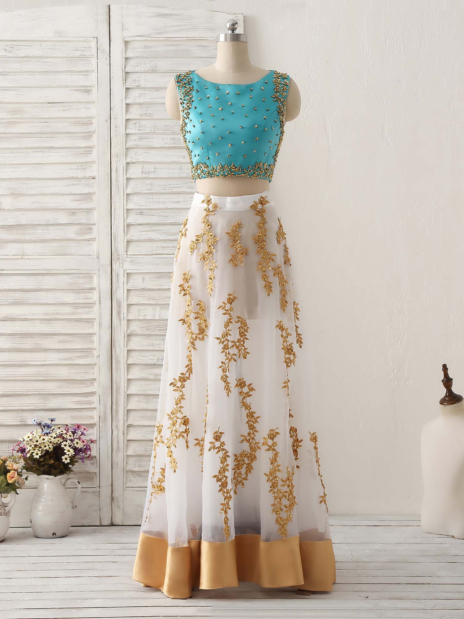 Unique Two Pieces Beads Lace Applique Long Prom Dress, Green Evening Dress - Deanwangkt
