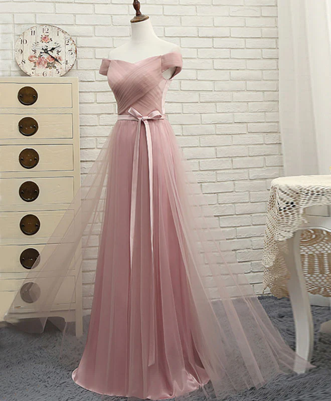Pink A LineTulle Off Shoulder Long Prom Dress, Evening Dress - Deanwangkt