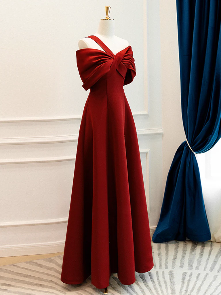 A-Line One Shoulder Satin Burgundy Long Prom Dress, Burgundy Long Formal Dress - Deanwangkt