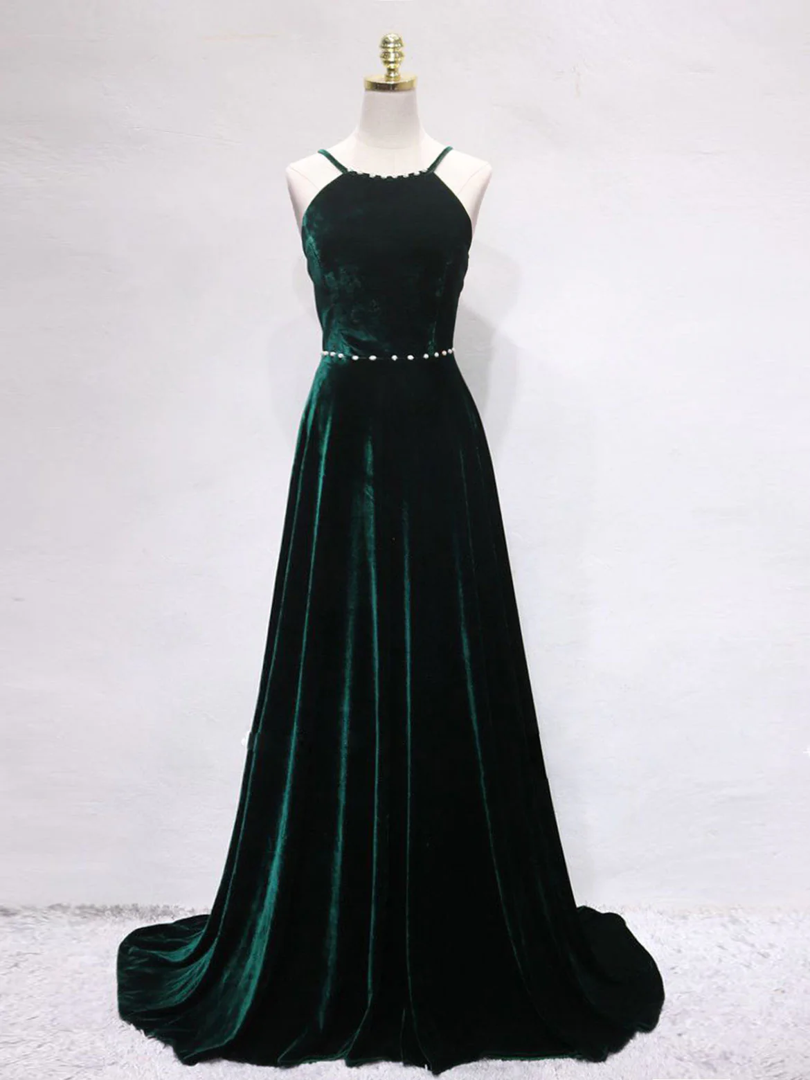 A-Line Backless Green Velvet Long Prom Dresses, Green Formal Evening Dresses - Deanwangkt