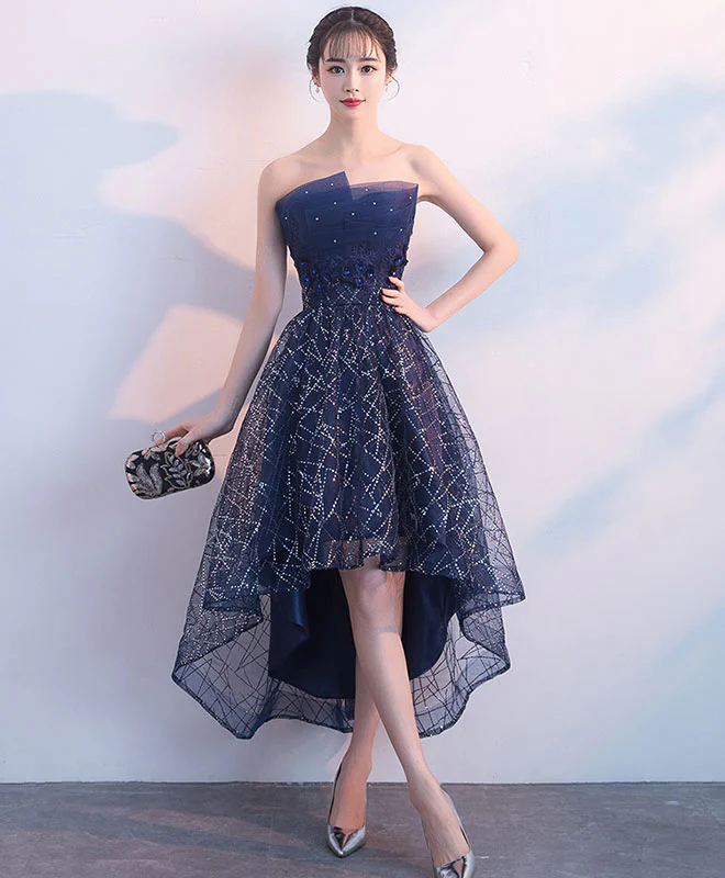 Dark Blue Tulle Sequin High Low Prom Dress, Blue Evening Dress - Deanwangkt