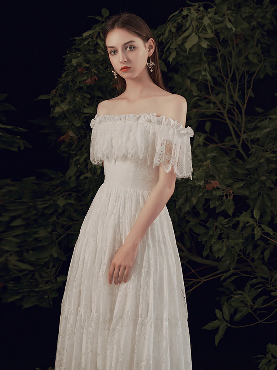 Simple ivory Lace Long Prom Dress, ivory Lace Bridesmaid Dresses - Deanwangkt