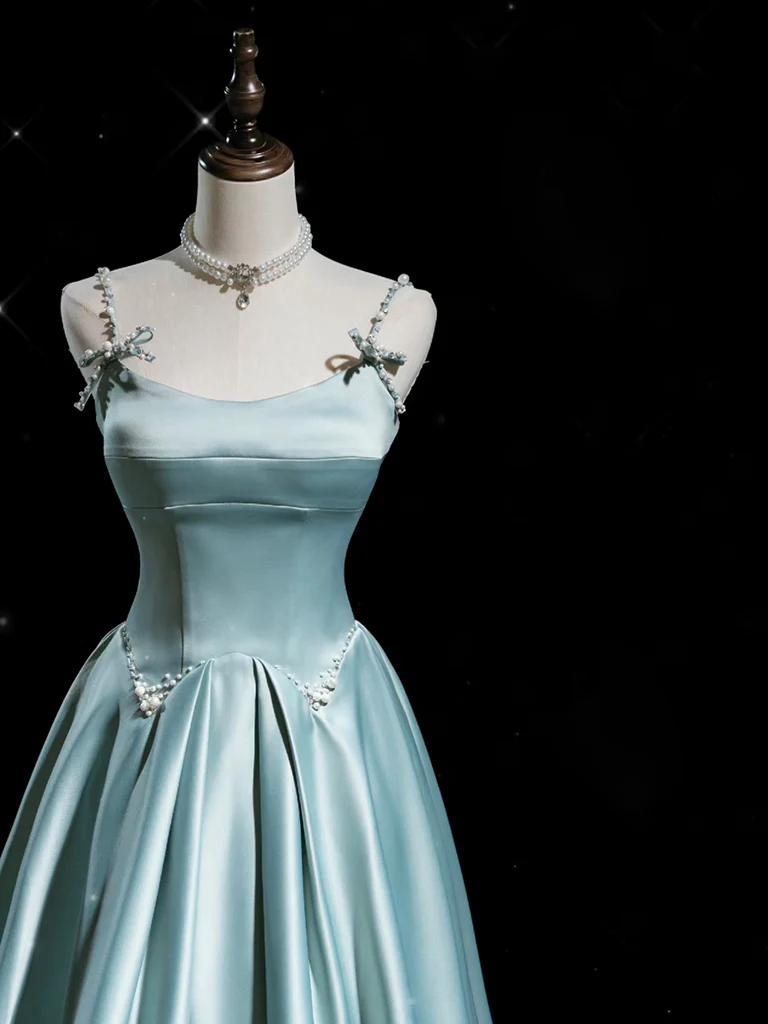 A-Line Blue Satin Long Prom Dress, Blue Long Formal Dress - Deanwangkt
