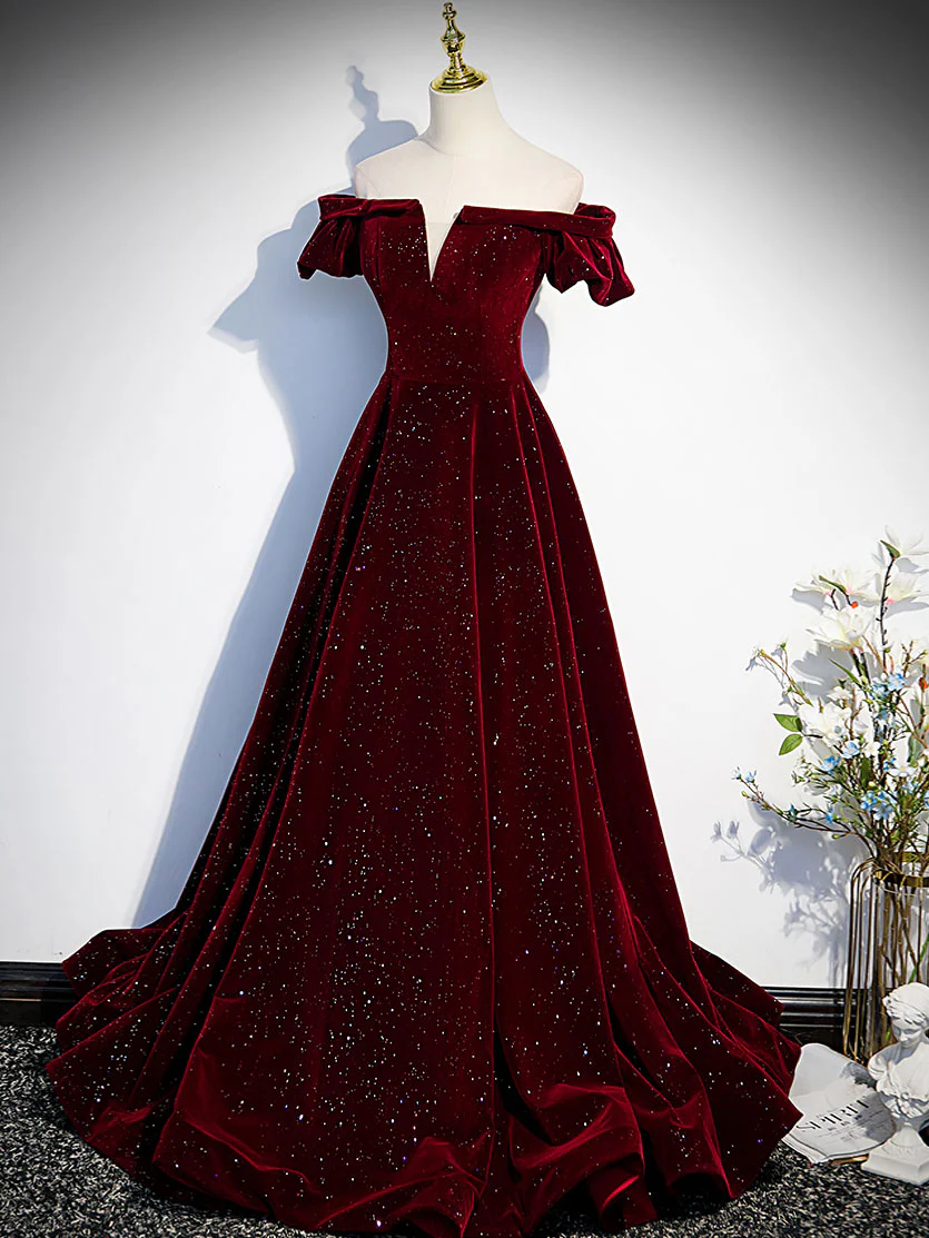 Burgundy Velvet Long Prom Dress, Burgundy Long Formal Dress - Deanwangkt