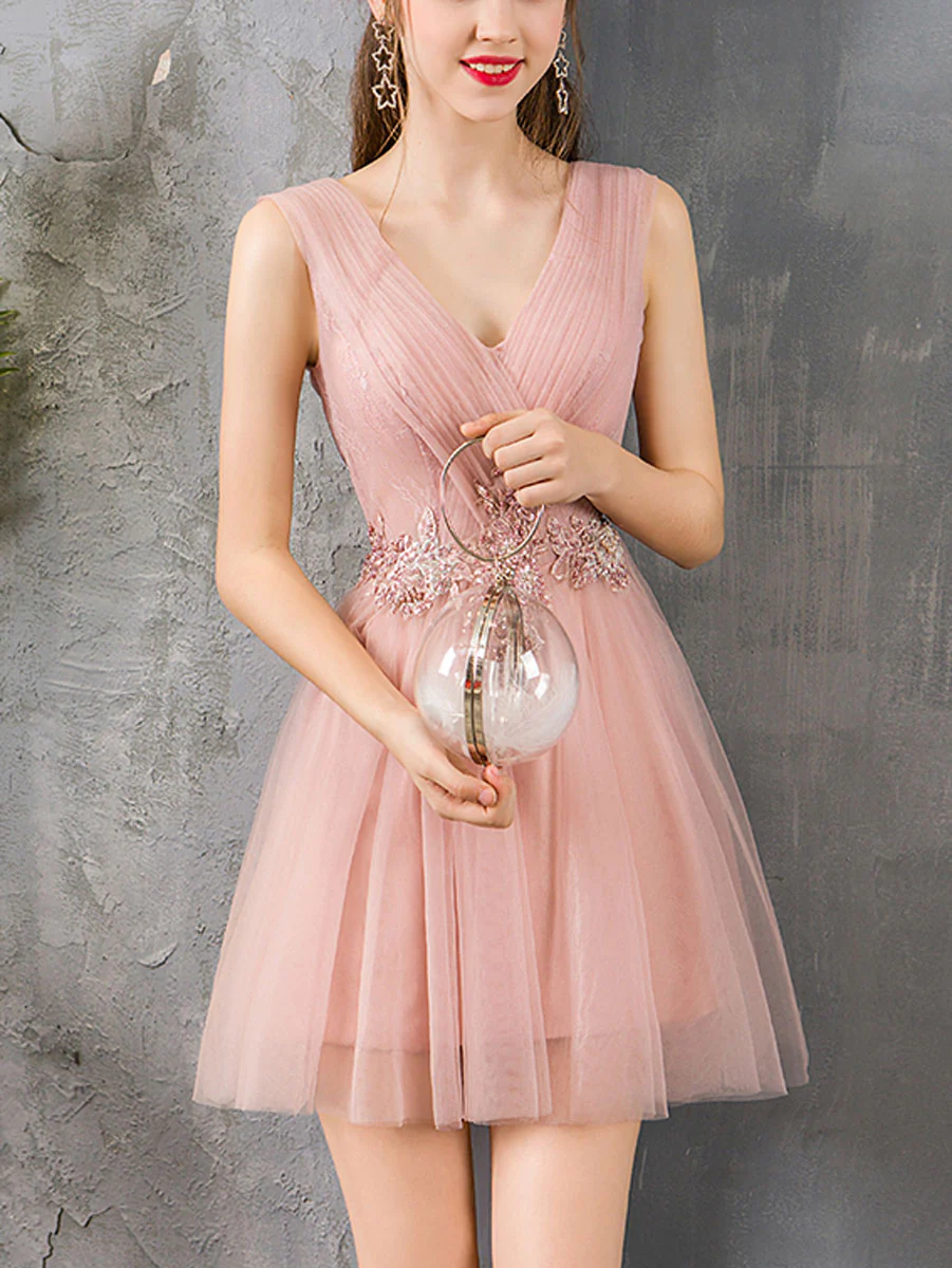 Pink V Neck Tulle Lace Short Prom Dress Pink Homecoming Dress - Deanwangkt