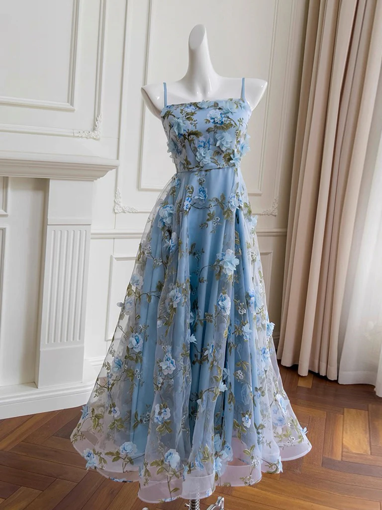 Simple A-Line Tulle 3D Flower Blue Long Prom Dress, Blue Party Dress - Deanwangkt