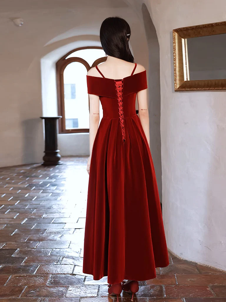 Simple Off Shoulder A-Line Tea Length Velvet Burgundy Prom Dress - Deanwangkt
