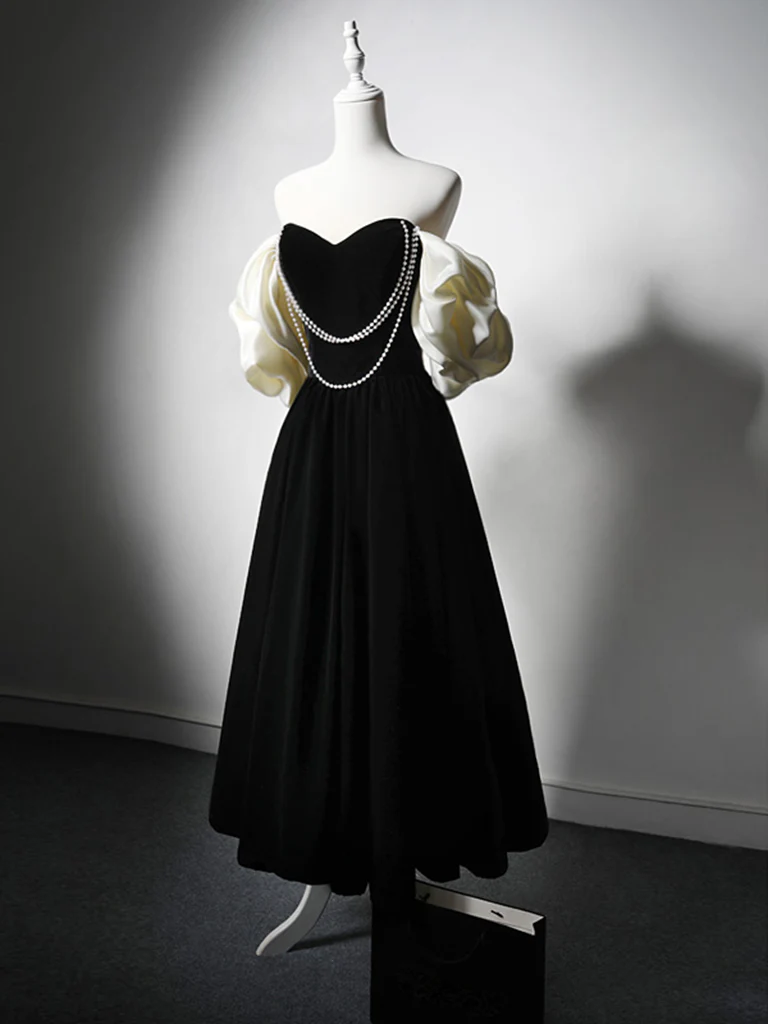 A-Line Velvet Tea Length Black Prom Dress, Tea Length Black Formal Dress - Deanwangkt