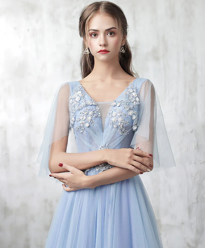 Blue V Neck Tulle Lace Applique Long Prom Dress, Blue Evening Dress - Deanwangkt