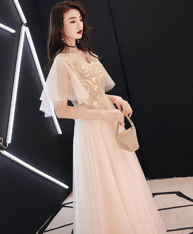 Champagne V Neck Tulle Lace Long Prom Dress Champagne Evening Dress - Deanwangkt