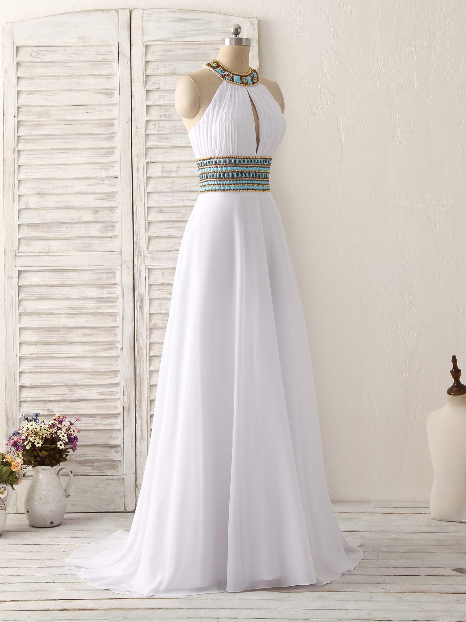 White Chiffon Beads Long Prom Dress, White Evening Dress - Deanwangkt