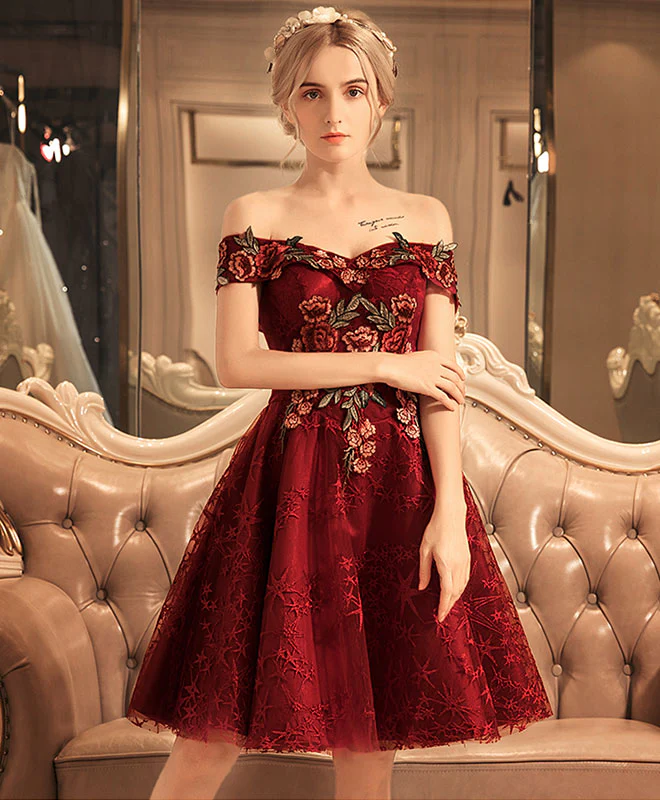 Burgundy Lace Off Shoulder Short Prom Dress, Lace Burgundy Homecoming Dresses - Deanwangkt