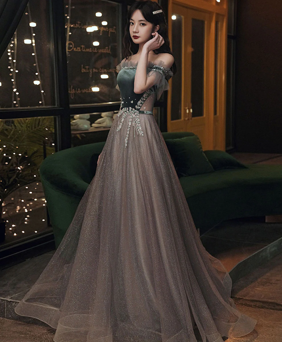Green/Gray Sequin Long Prom Dresses, Green/Gray Formal Graduation Dress with Beading - Deanwangkt