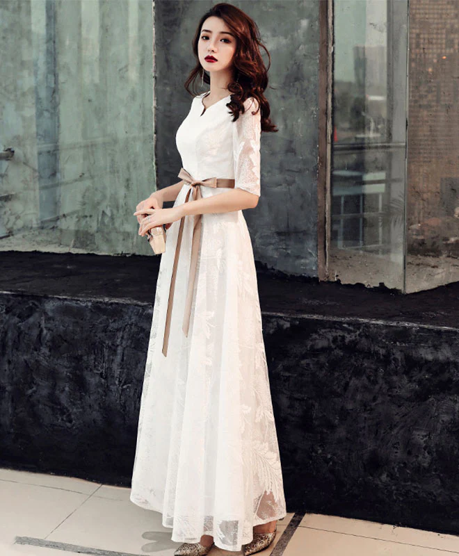 White Lace Tea Length Prom Dress White Lace Bridesmaid Dress - Deanwangkt
