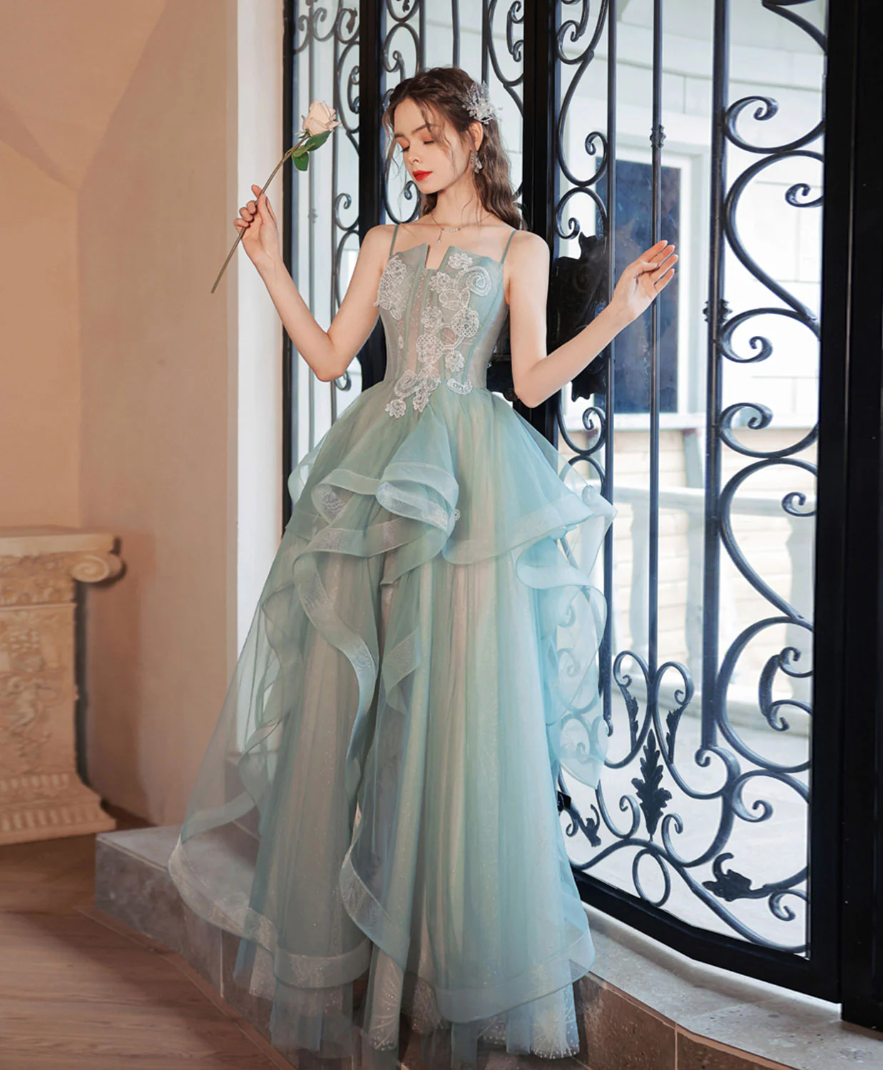 Gray Green Tulle Lace Long Prom Dress, Gray Green Tulle Lace Evening Dress - Deanwangkt