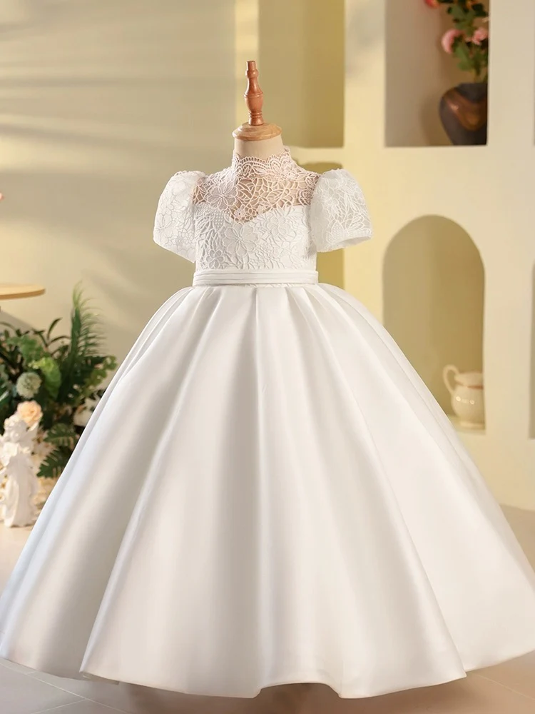 White High Neck Lace Satin Flower Girl Dress - Deanwangkt