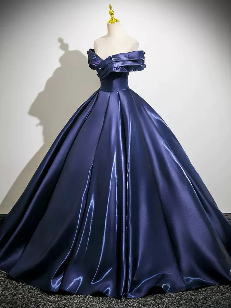 A-Line Off Shoulder Satin Dark Blue Long prom Dress, Dark Blue Long Formal Dress - Deanwangkt