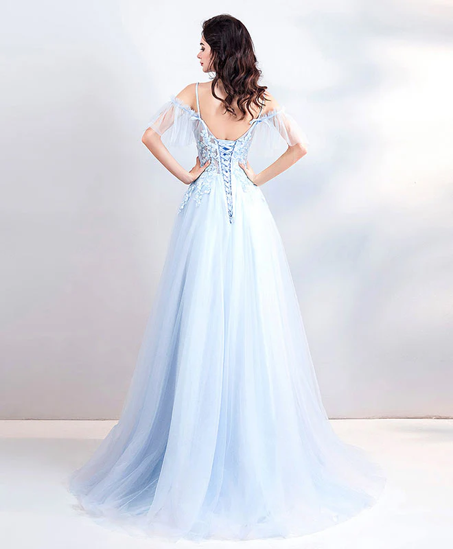 Light Blue Lace Tulle Long Prom Dress, Evening Dress - Deanwangkt