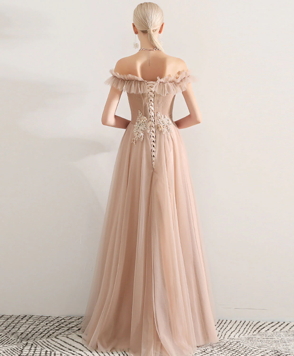 Champagne Tulle Lace Long Prom Dress, Champagne Tulle Evening Dress - Deanwangkt