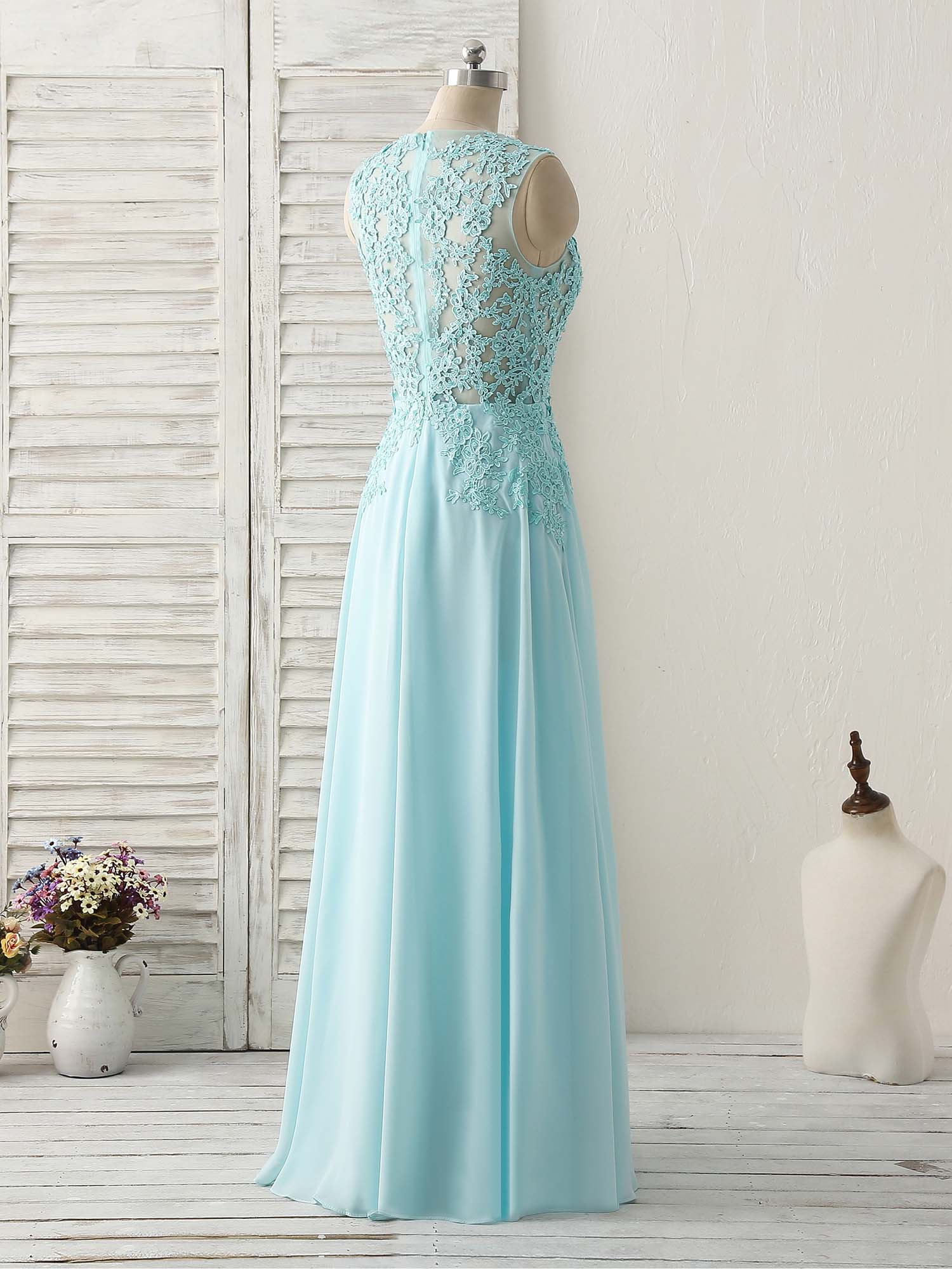 Blue Round Neck Lace Chiffon Long Prom Dress, Blue Long Formal Dresses - Deanwangkt