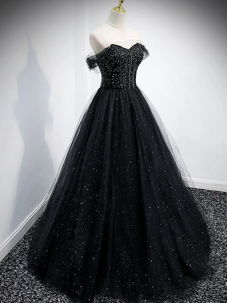 Black Sweetheart Off Shoulder Tulle Long Prom Dress, Black Evening Dress - Deanwangkt