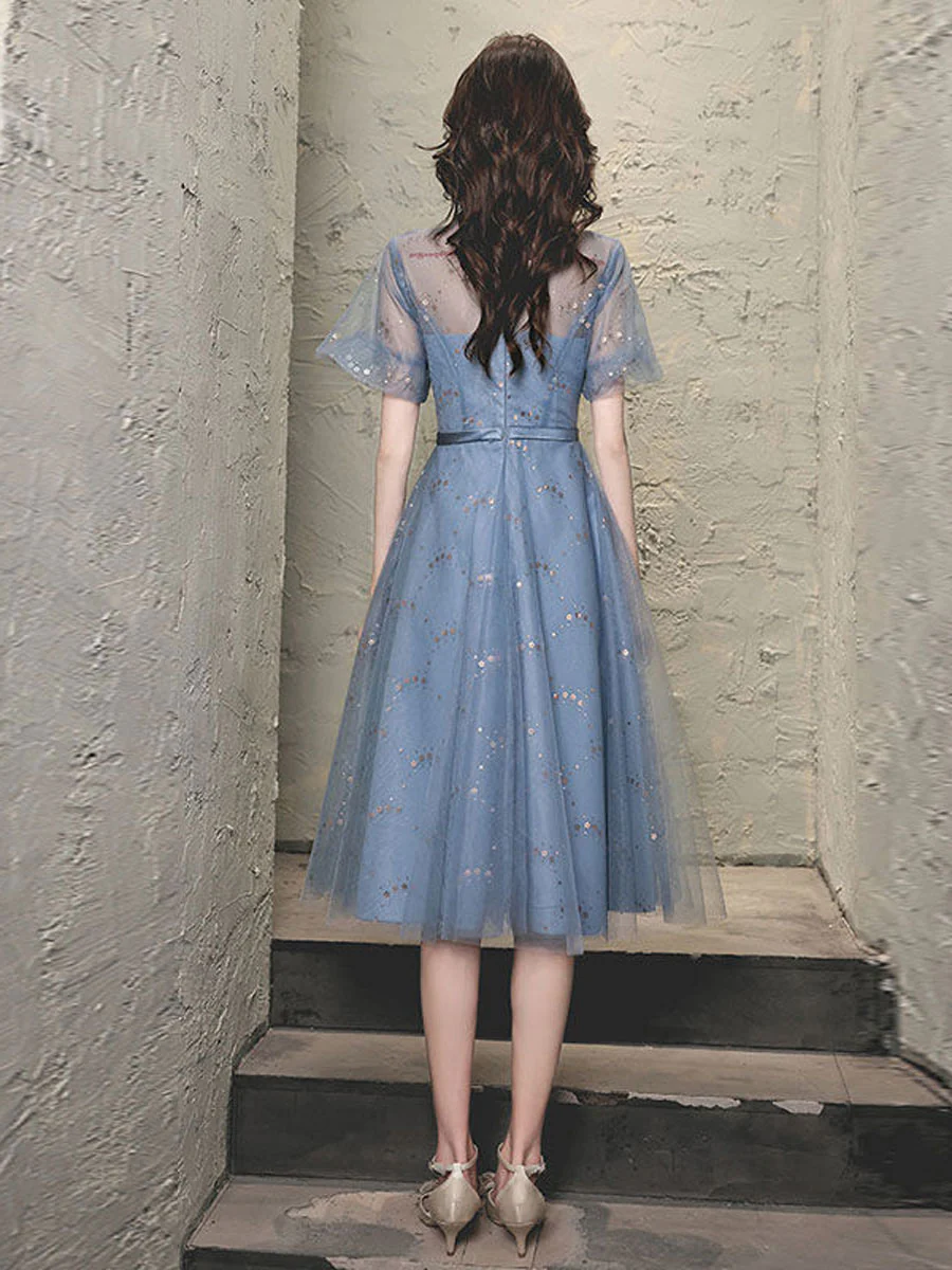 Blue Tulle Lace Short Prom Dress, Blue Tulle Puffy Homecoming Dress - Deanwangkt