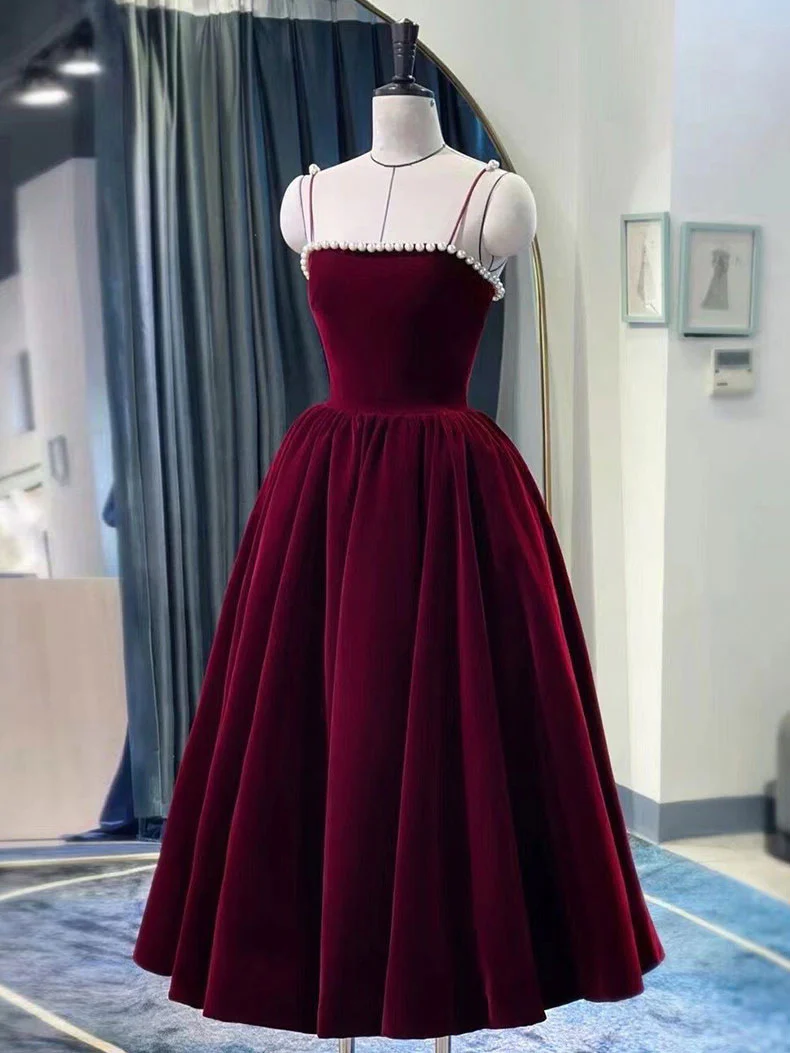 Simple burgundy tea length prom dress, burgundy homecoming dress - Deanwangkt