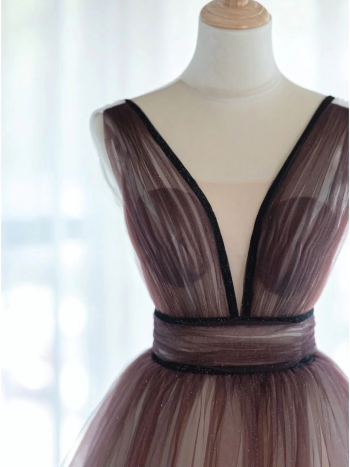 A-Line V Neck Tulle Long Brown Prom Dresses, Tulle Long Evening Dresses - Deanwangkt