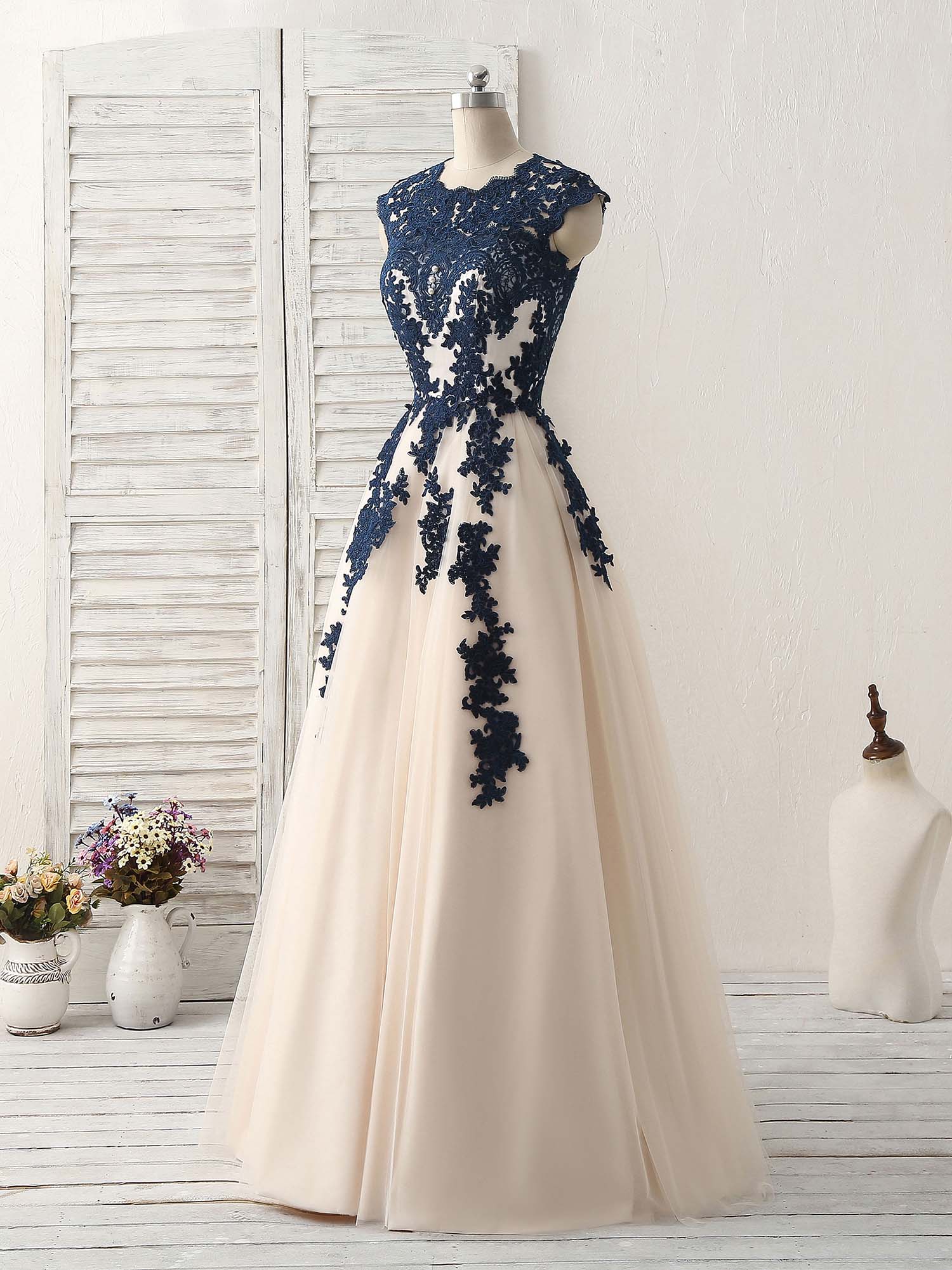 Dark Blue Lace Applique Tulle Long Prom Dress Blue Bridesmaid Dress - Deanwangkt