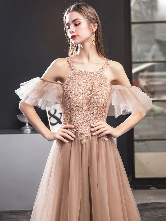 Champagne Tulle Lace Long Prom Dress, Champagne Lace Evening Dress - Deanwangkt