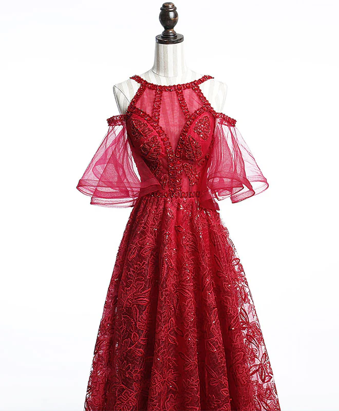 Unique Off Shoulder Tulle Lace Burgundy Long Prom Dress, Evening Dress - Deanwangkt