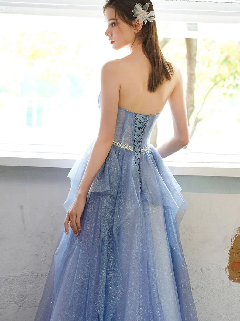 A-line Tulle Sequin Long Prom Dress, Tulle Sequin Long Evening Dress - Deanwangkt