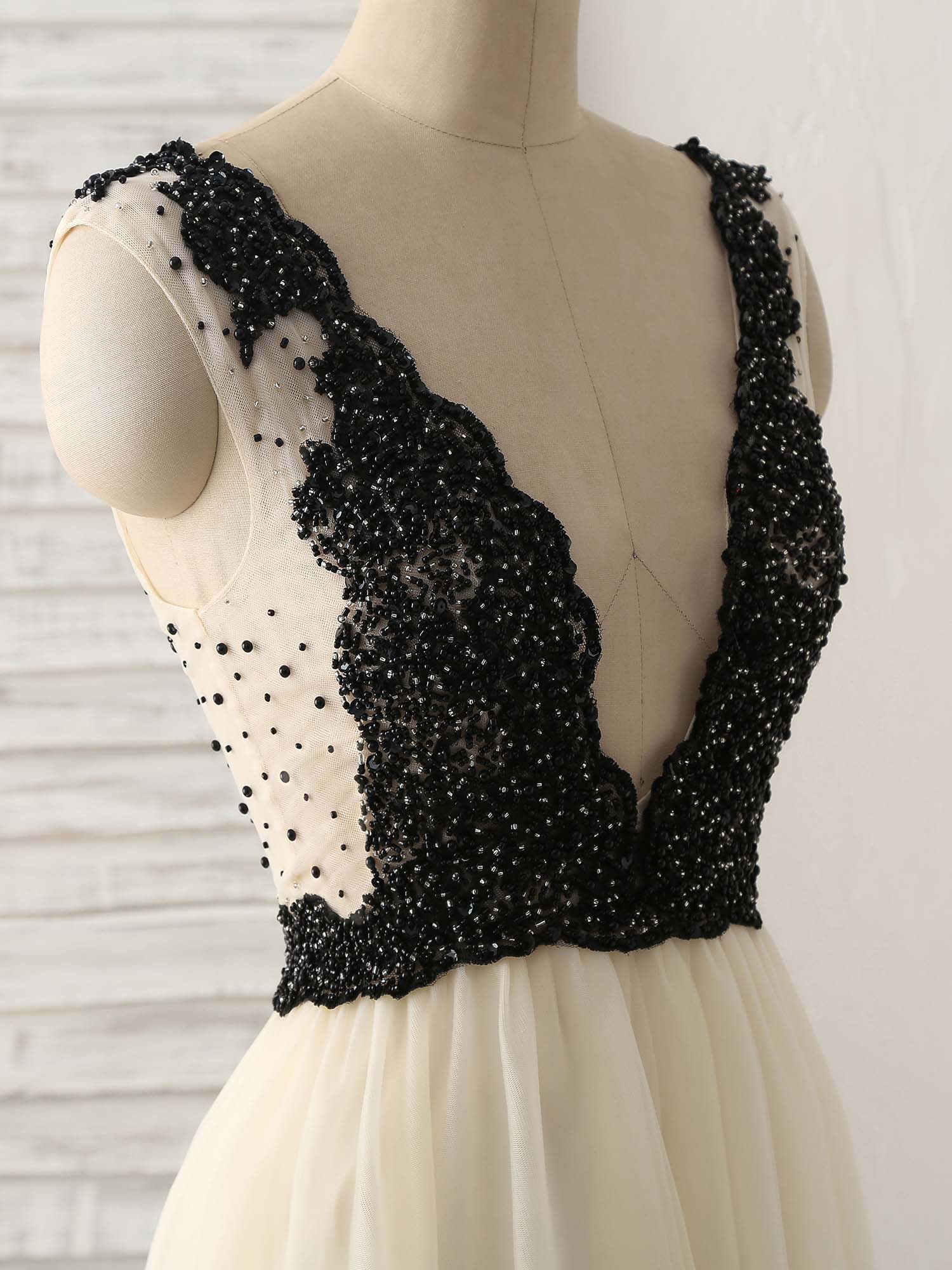 Light Champagne V Neck Beads Tulle Long Prom Dress, Champagne Formal Dress - Deanwangkt