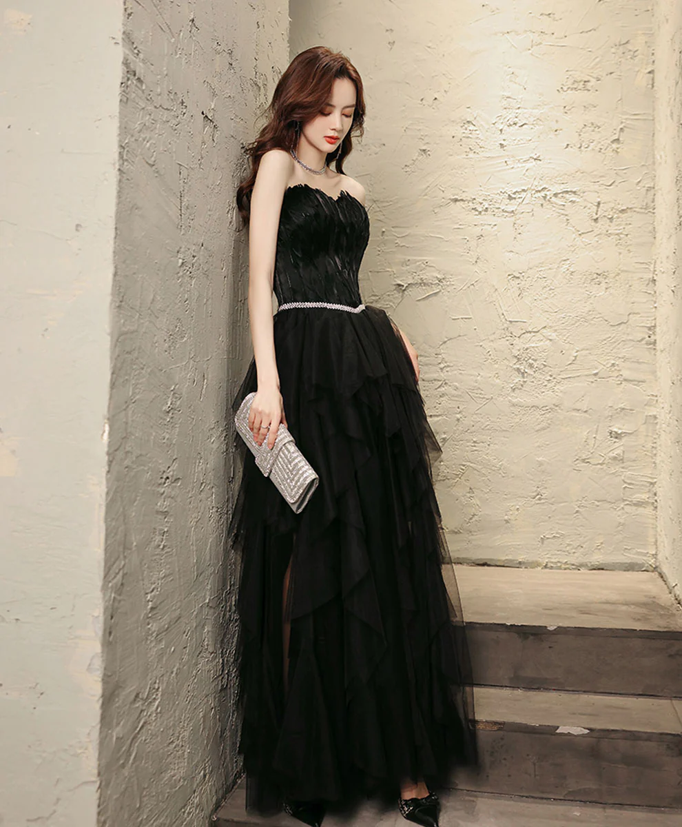 Black Aline Tulle Long Prom Dress, Black Formal Evening Dress with Feather - Deanwangkt