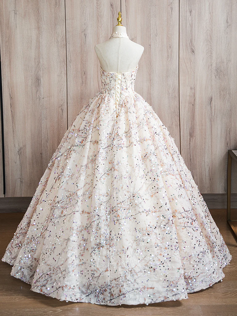 A-Line High Neck Lace Champagne Long Prom Dress, Champagne Long Formal Dress - Deanwangkt