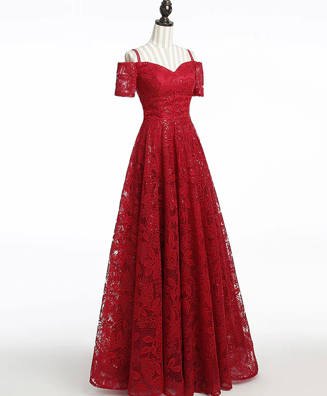 Unique Burgundy Lace Long Prom Dress, Burgundy Evening Dress - Deanwangkt