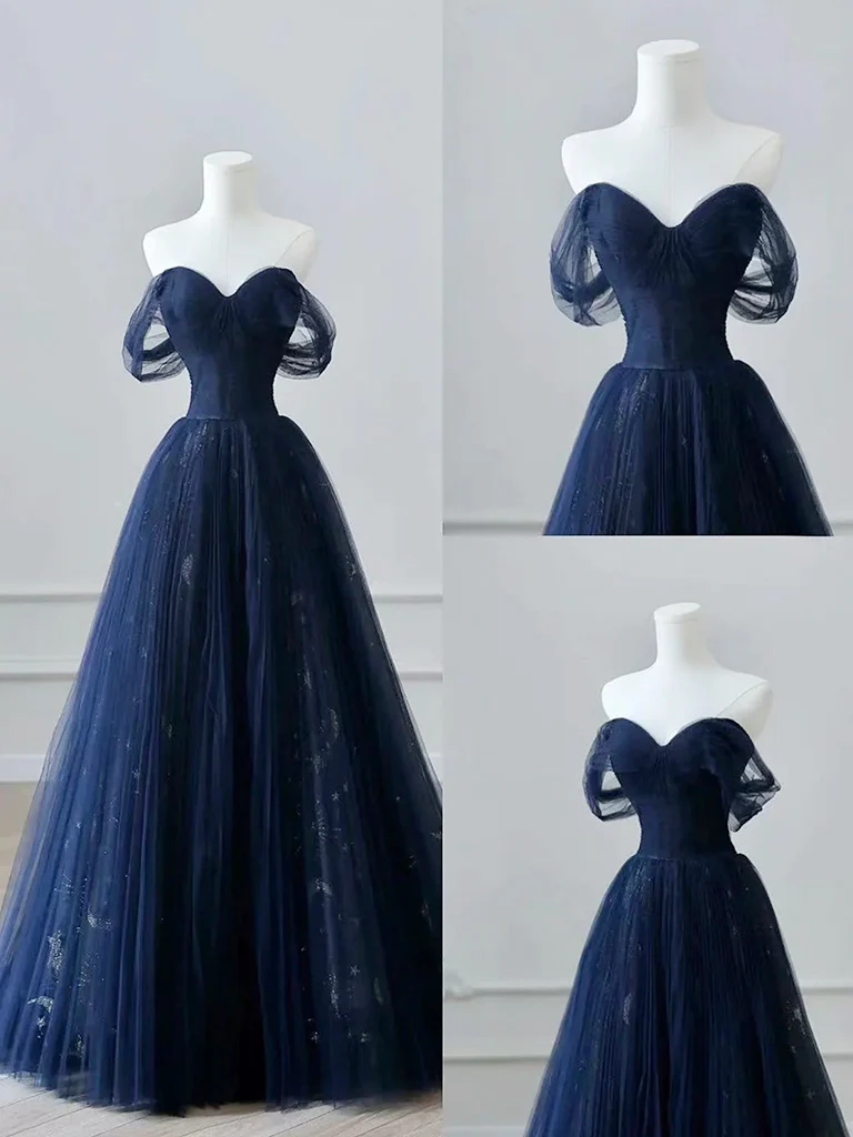 A-Line Off Shoulder Tulle Lace Dark Blue Long Prom Dress, Dark Blue Long Evening Dress - Deanwangkt