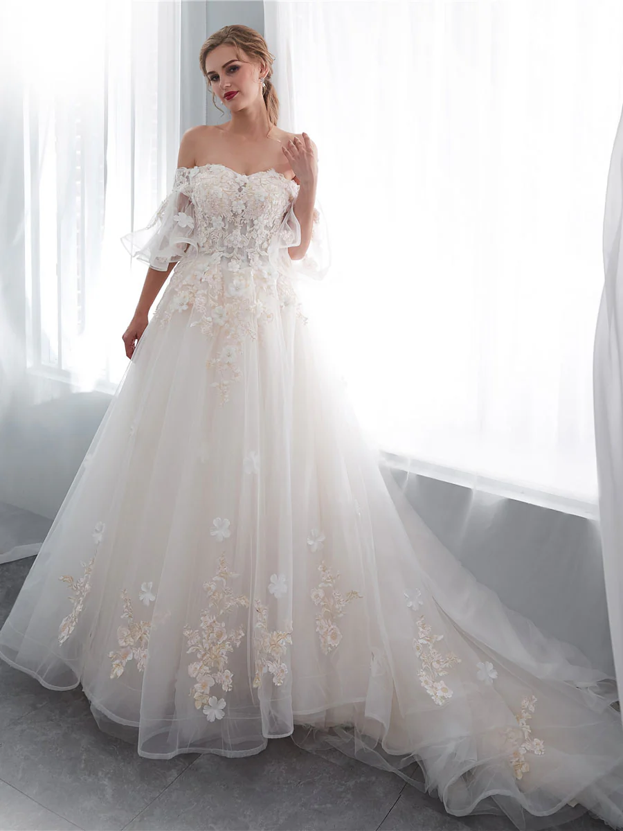 Ivory Long Lace Wedding Dress, Ivory Tulle Lace Wedding Gown - Deanwangkt