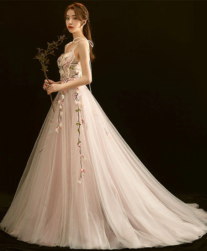 High Quality V Neck Lace Long Prom Dress, Light Pink Evening Dress - Deanwangkt