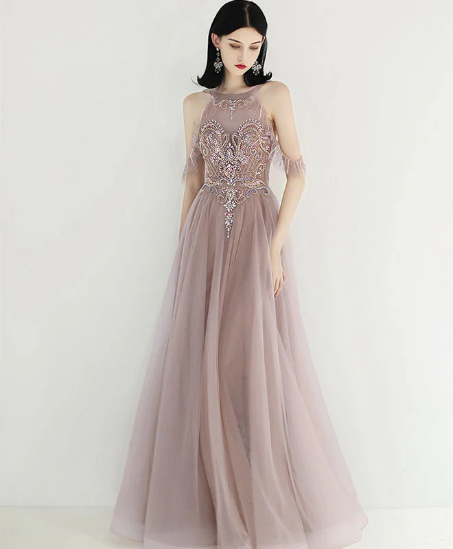 Unique Tulle Beads Long Prom Dress, Tulle Formal Dress - Deanwangkt