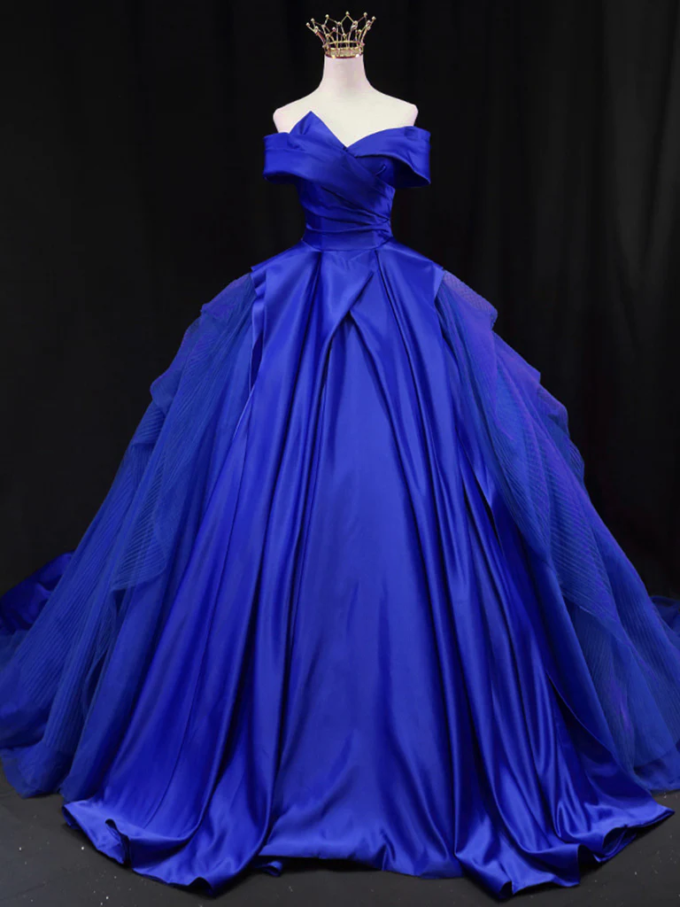 Off Shoulder Tulle Satin Blue Long Prom Gown, Blue Long Evening Dress - Deanwangkt