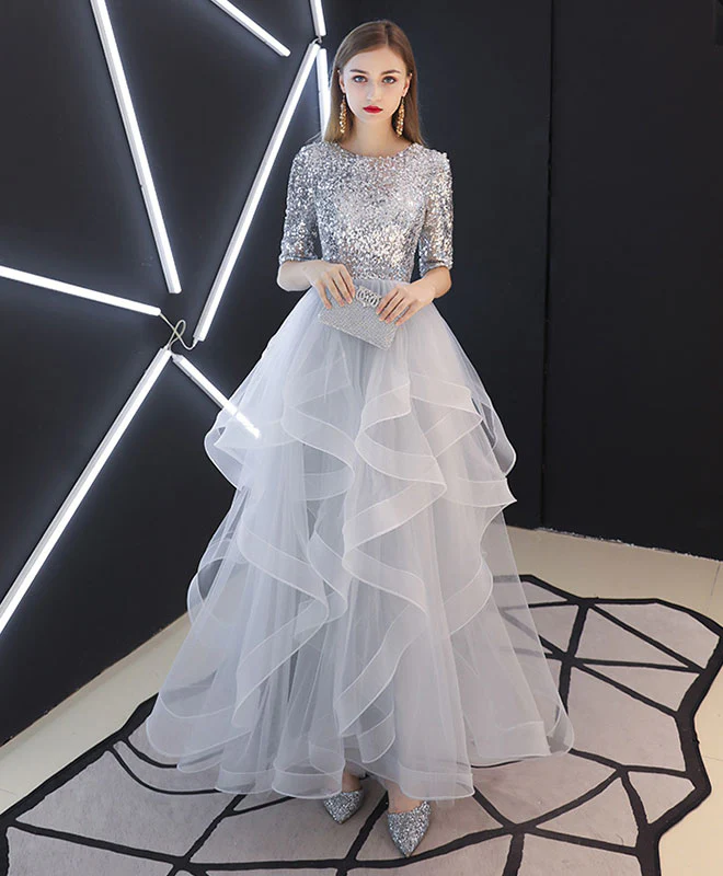 Gray Tulle Sequin Long Prom Dress, Gray Tulle Evening Dress - Deanwangkt