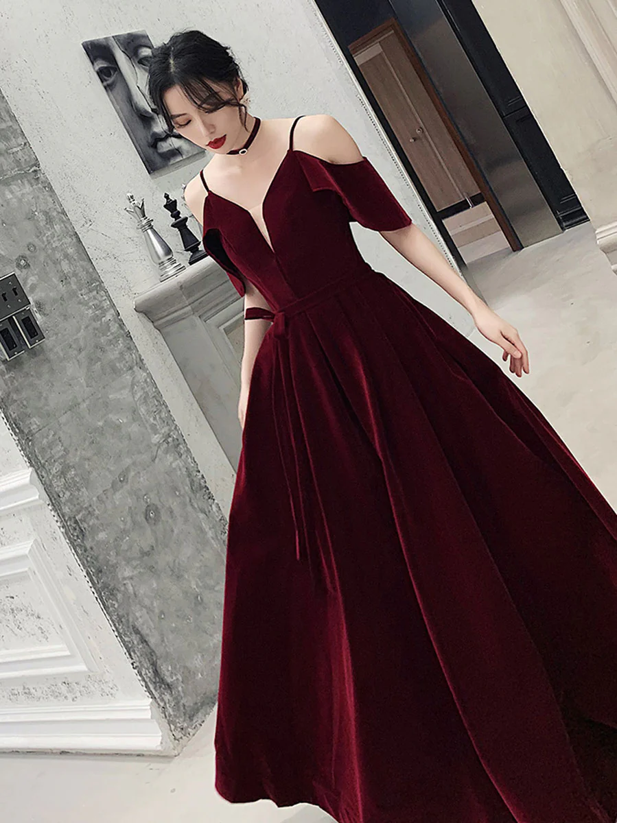 Burgundy Off Shoulder Velvet Long Prom Dress, Burgundy Formal Evening Dresses - Deanwangkt