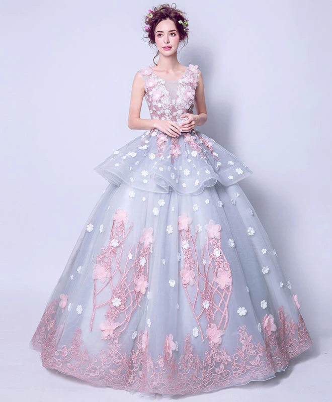 Unique Round Neck Tulle Lace Long Prom Dress, Gray Evening Dress - Deanwangkt